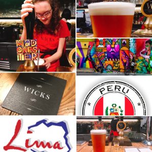 Image location: WICKS Brew Pub - Barranco, Lima - Peru. Image description: A collage of photos from the WICKS Brew pub. Also features the 'visit Lima; and 'visit Peru' logos, and photos of the urban art of Barranco.